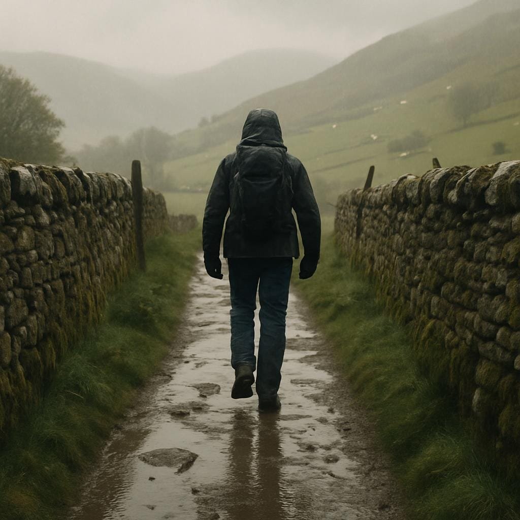 A lone hiker on a wet stone-lined path in the Lake District on a rainy day