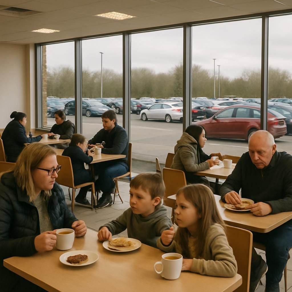 People eating and resting at tables inside a bright British roadside services food court