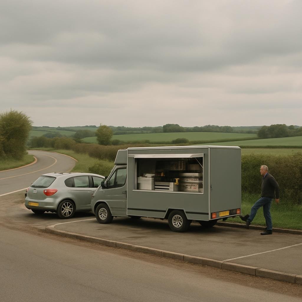 Cars parked beside a quiet lay-by snack van on a rural British roadside