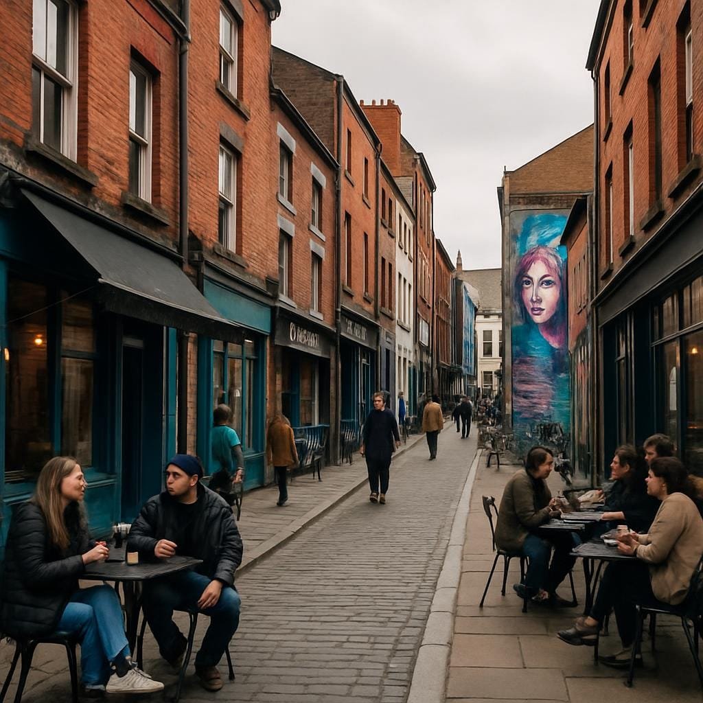 People sitting outside independent cafes and shops on a red-brick street in Liverpool