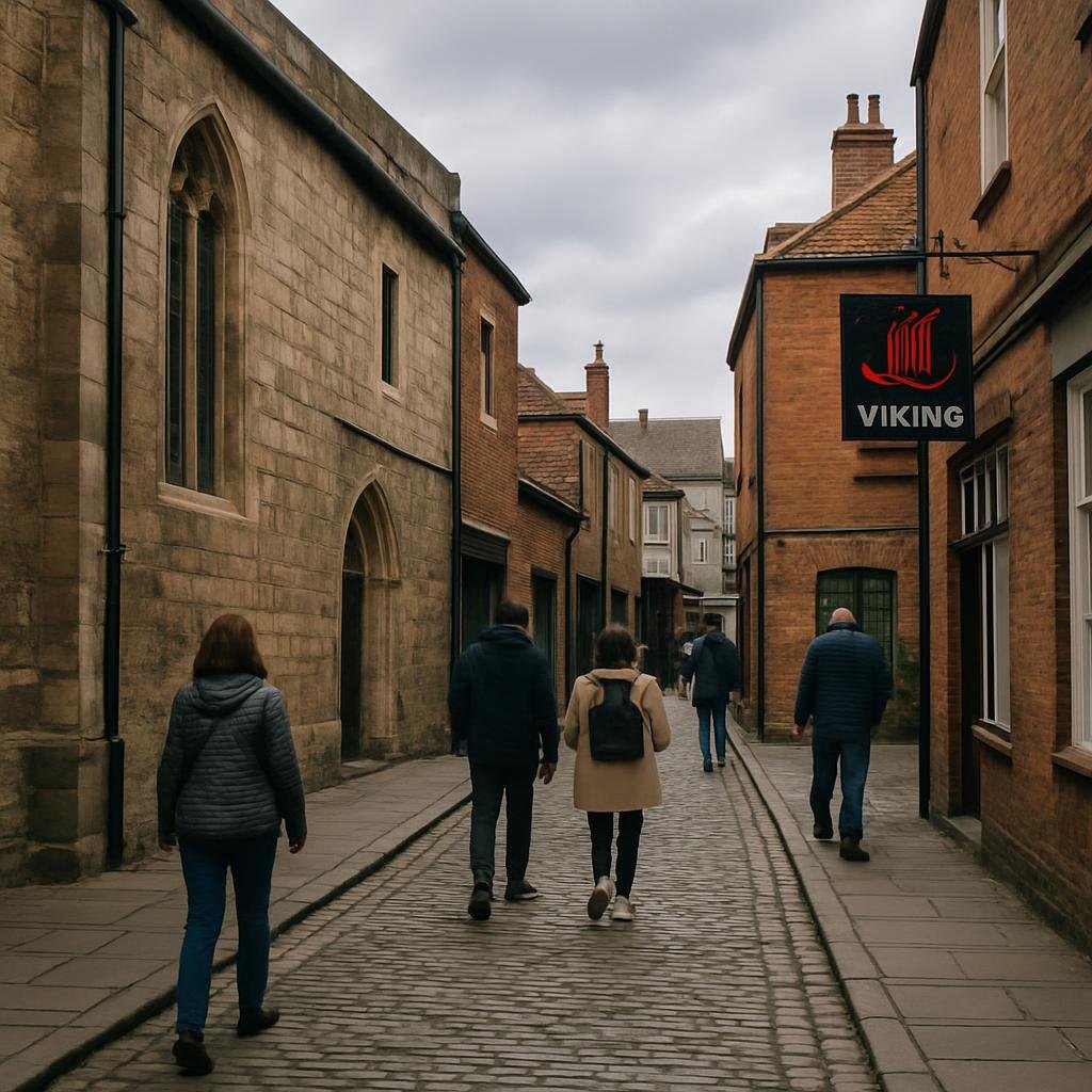 Cobbled street in York with historic buildings and visitors near a Viking heritage centre