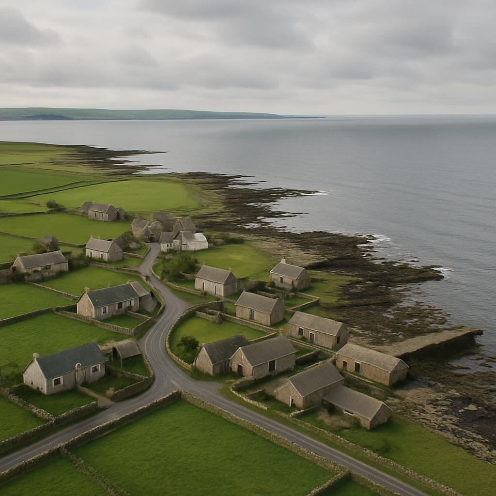 Aerial view of a coastal village and fields in the Orkney Islands