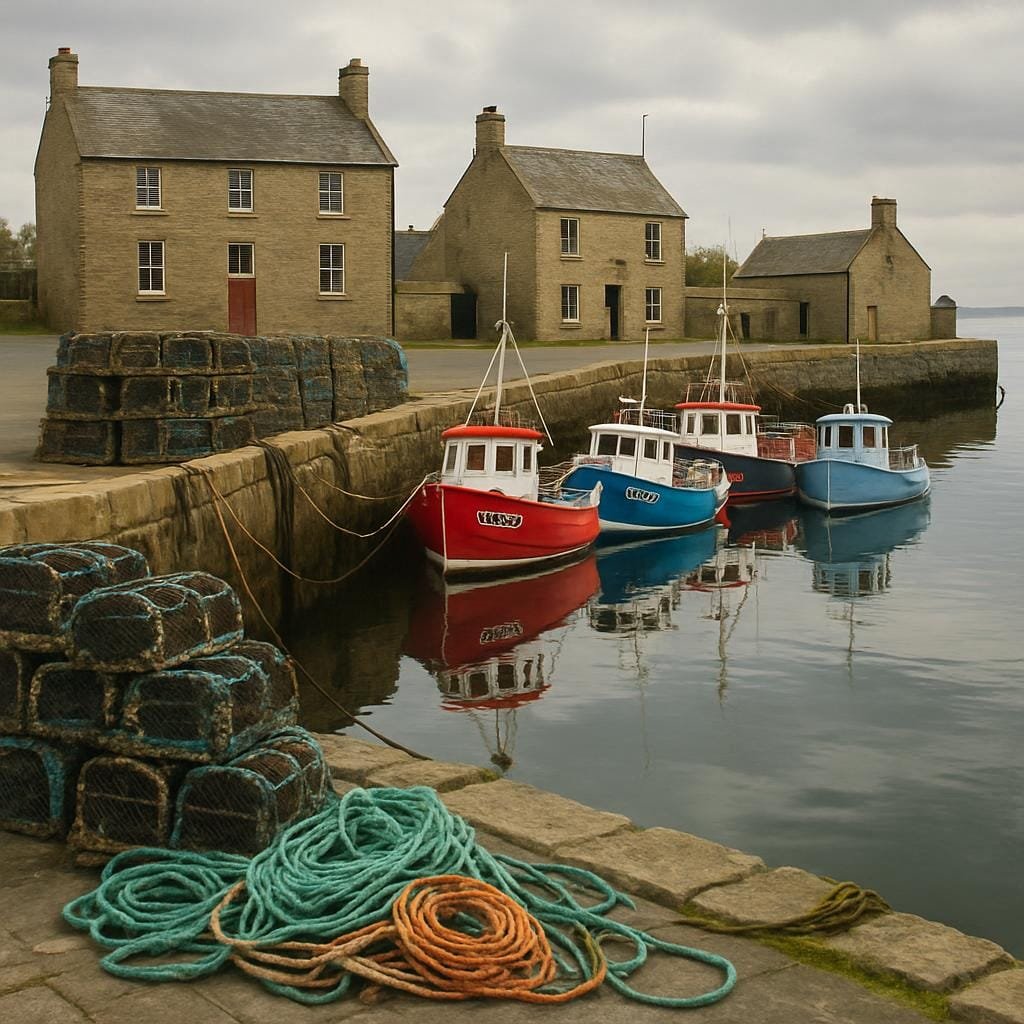 Fishing boats moored in a quiet Orkney harbour beside old stone buildings