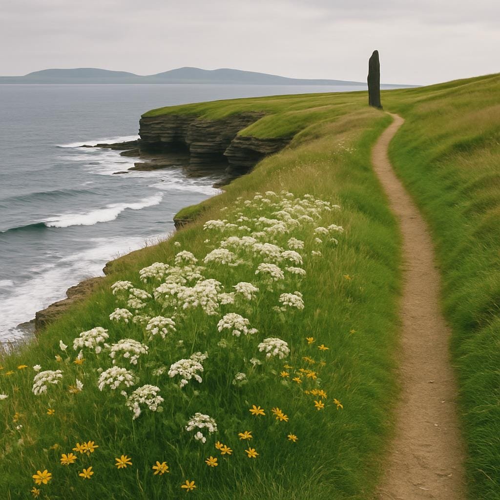 Grassy coastal path in Orkney passing a lone standing stone above the sea