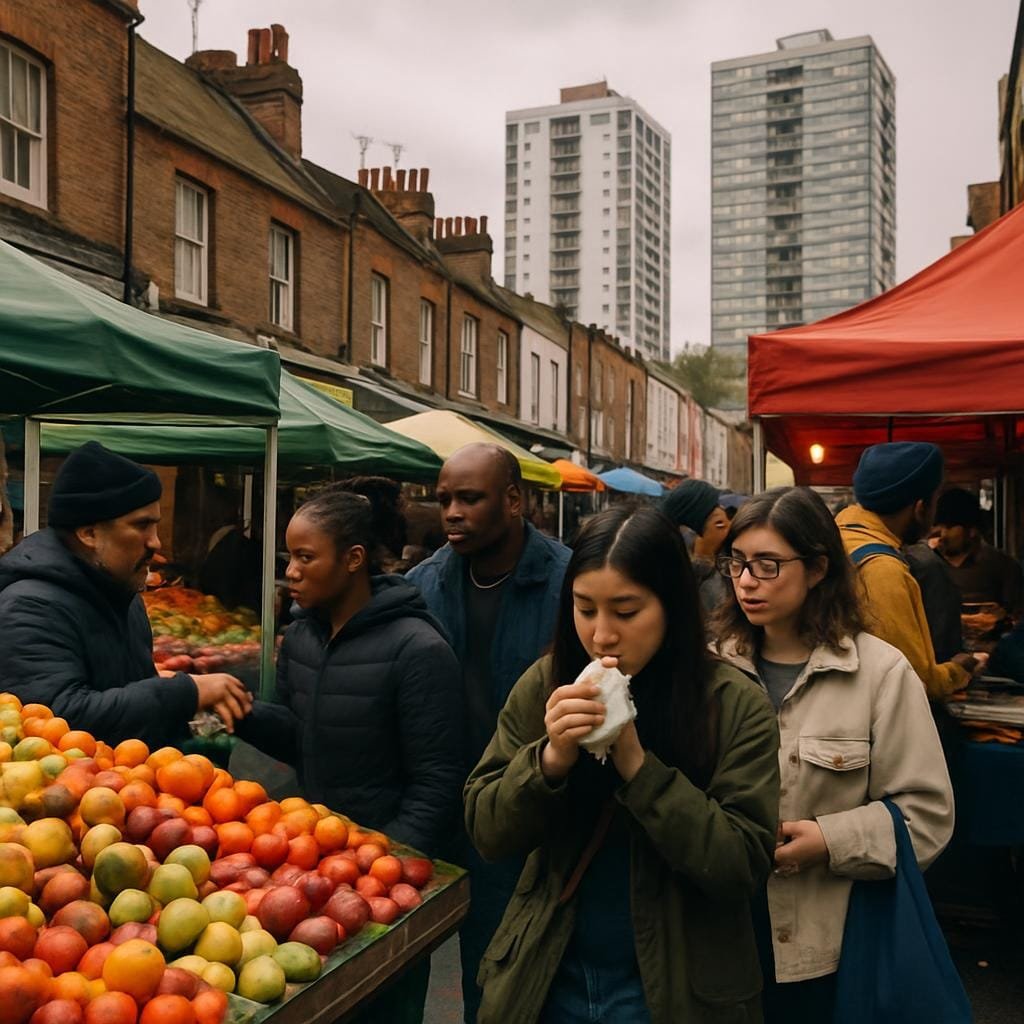 People browsing stalls at a busy East London street market