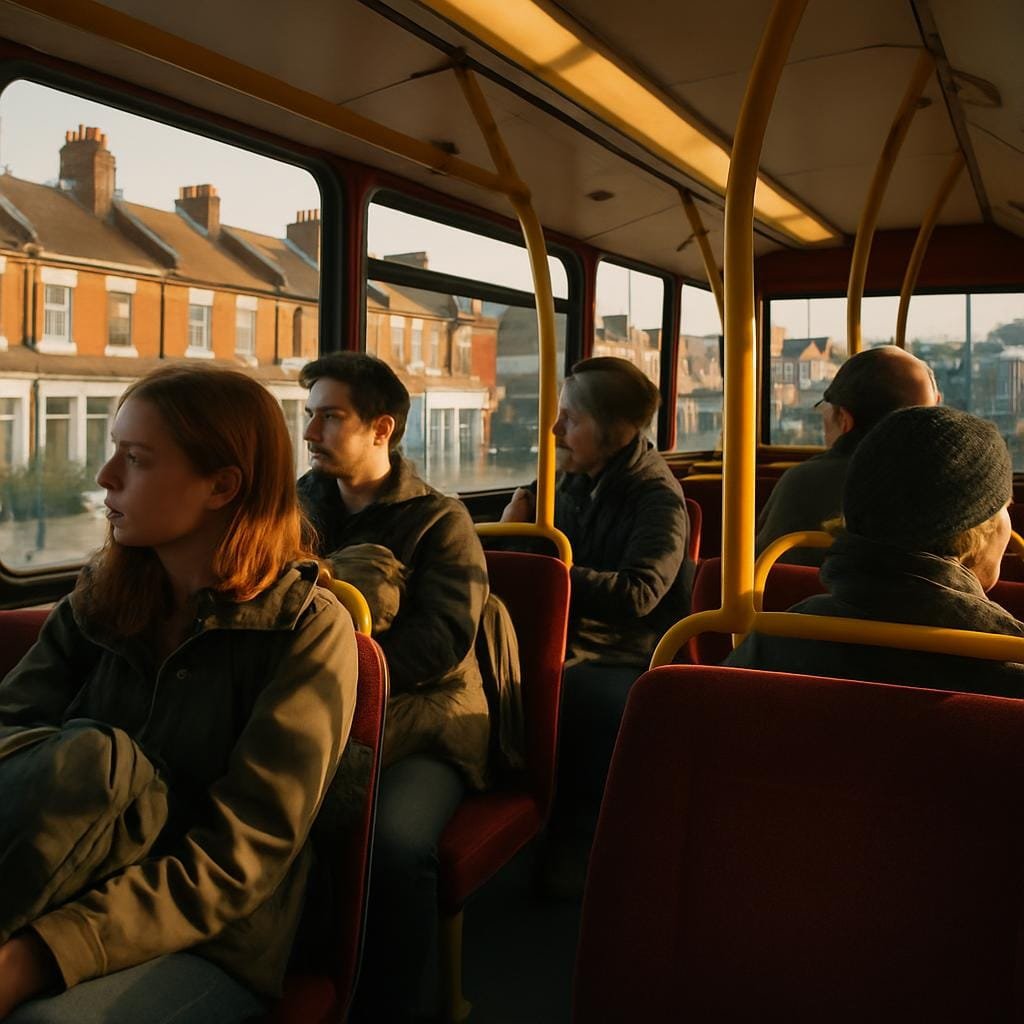 Passengers on the top deck of a red London bus looking out at the street below