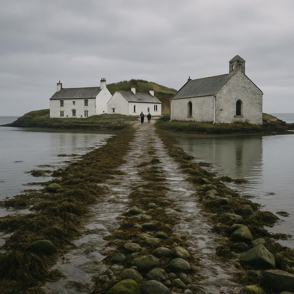 A narrow tidal causeway leading to a tiny Welsh island village with white cottages