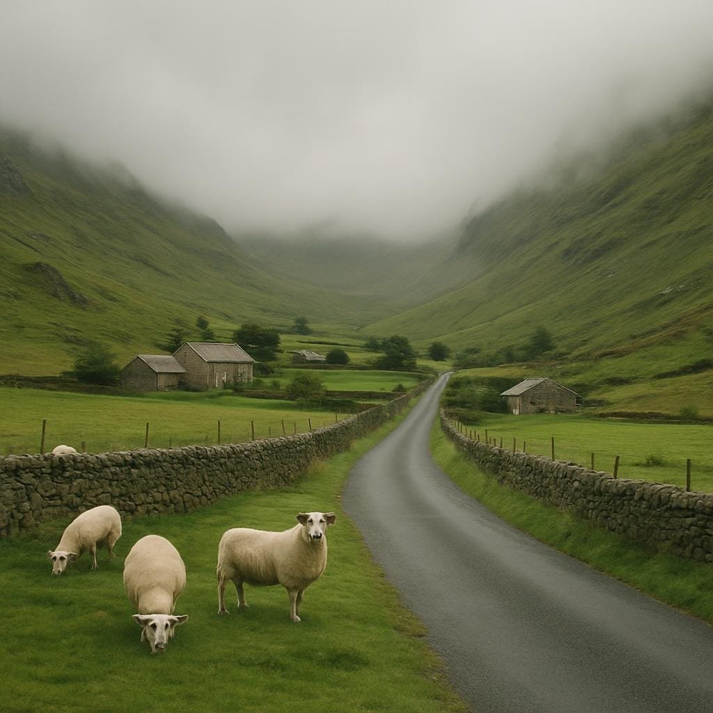 A misty Welsh valley with a single narrow road, stone walls and grazing sheep