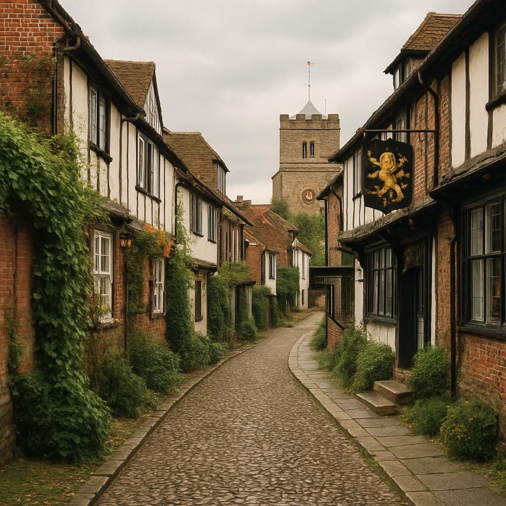 Cobbled street in Rye lined with old timbered houses and a church tower above