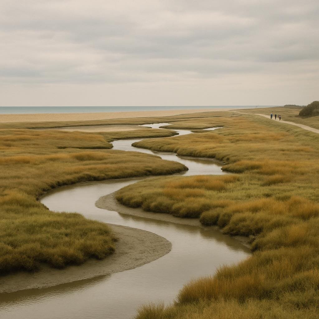 Tidal marsh and walking path at Rye Harbour Nature Reserve under a wide cloudy sky