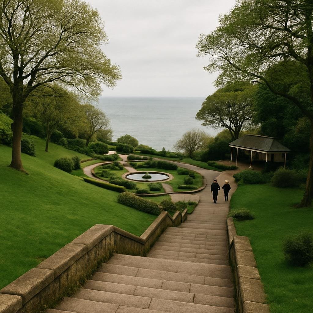 Terraced Italian Gardens and clifftop path above the sea in Scarborough