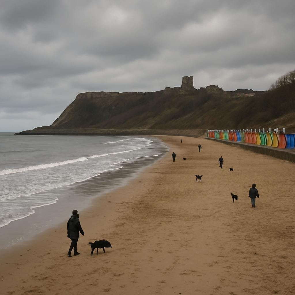 Quiet North Bay beach at Scarborough with beach huts and castle ruins on the headland