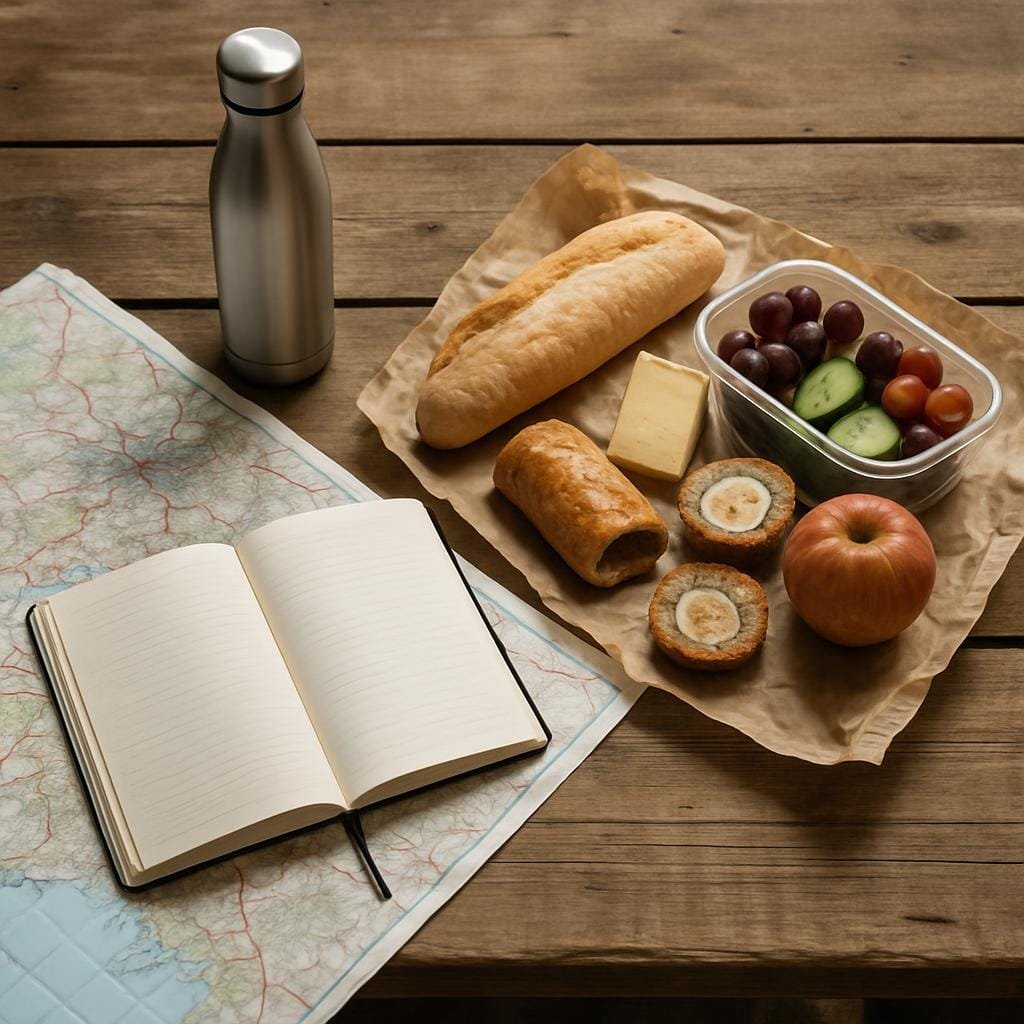 Travel map, notebook, reusable bottle and picnic food laid out on a wooden table