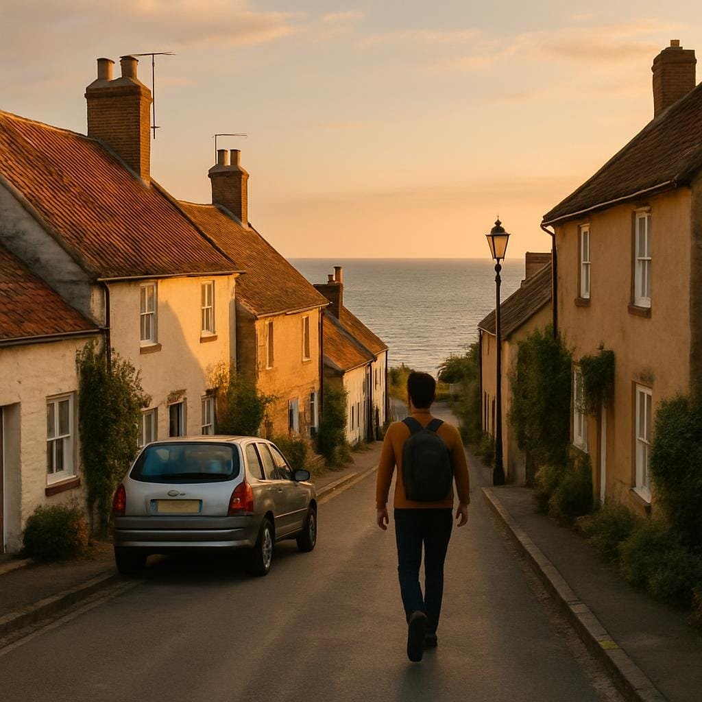 Quiet village street near the sea with cottages, a parked car and a lone walker at sunset