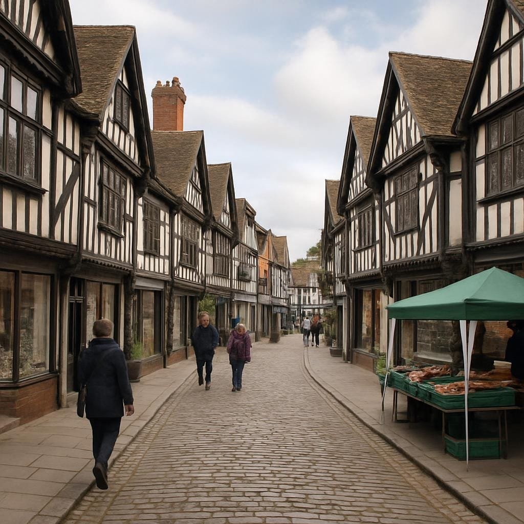 Historic Shropshire market street with timber-framed buildings and small shops.