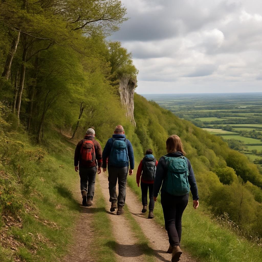 Walkers following a footpath along Wenlock Edge with wide views over farmland.