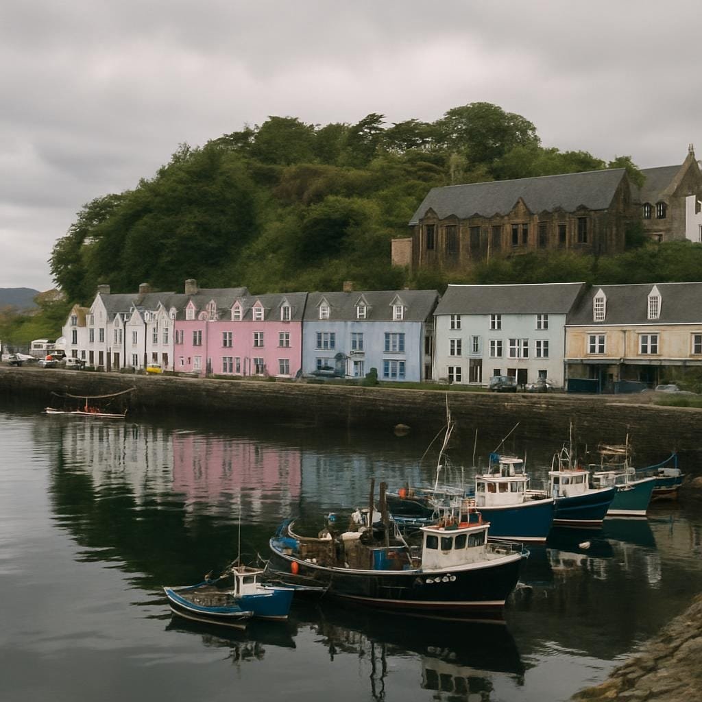 Fishing boats and colourful waterfront houses in a quiet Isle of Skye harbour
