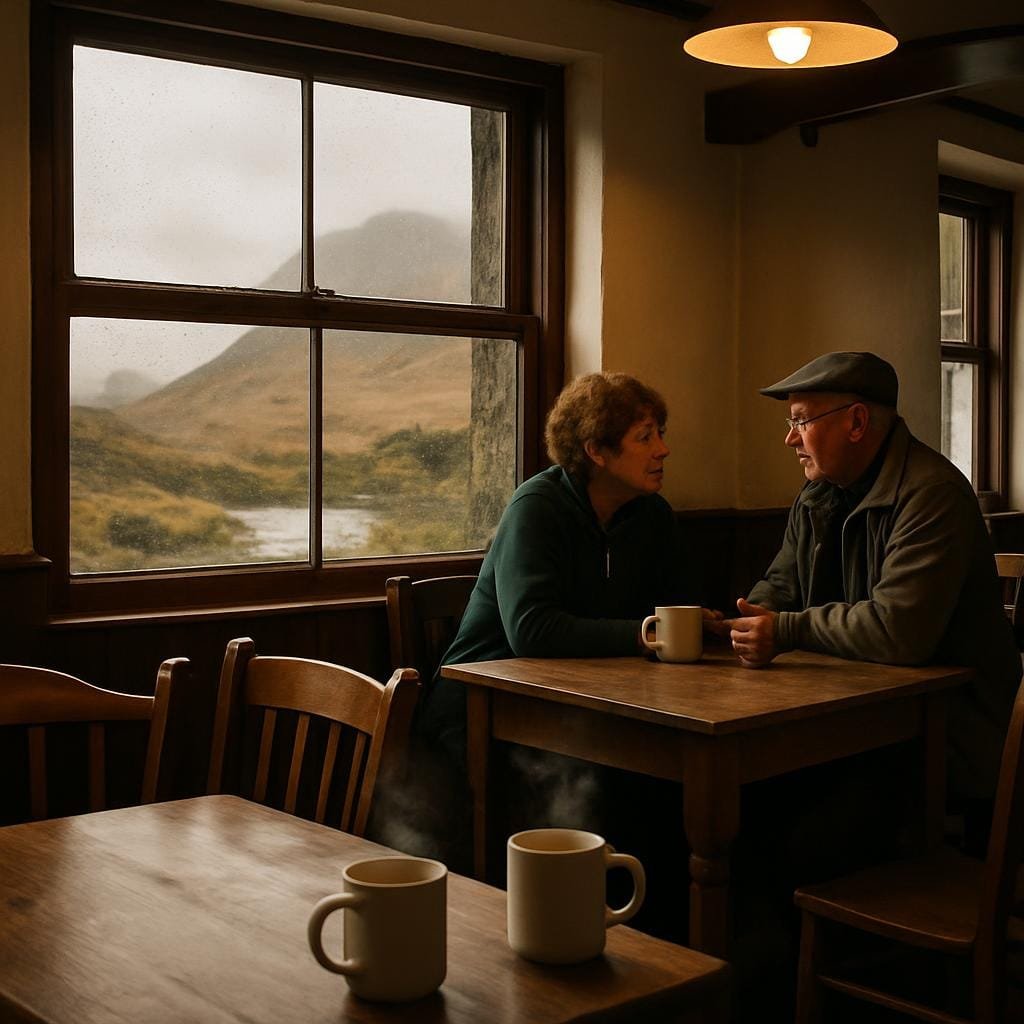 Cosy Isle of Skye café with locals and a view of the rainy landscape through the window