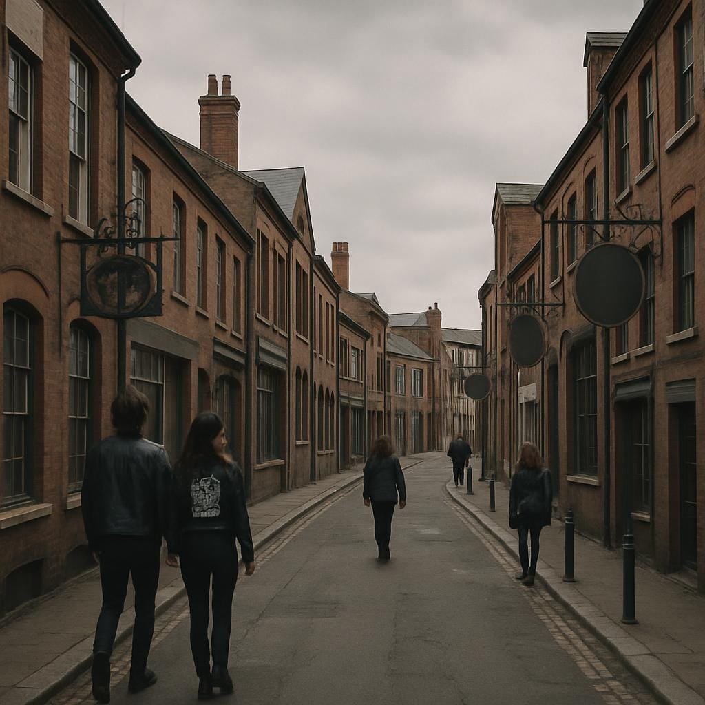 Victorian red-brick buildings and narrow streets in Birmingham’s Jewellery Quarter.