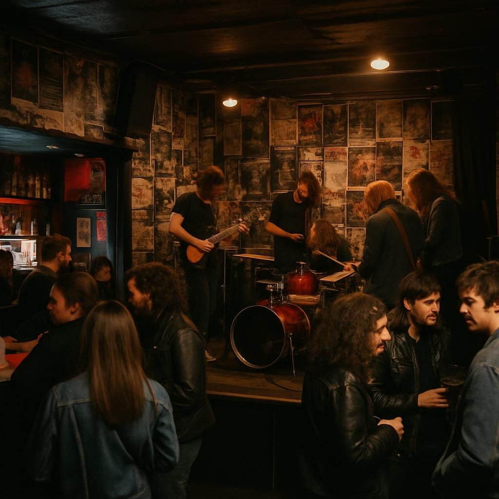 People gathering in a dim Birmingham rock bar with a small stage and band equipment.
