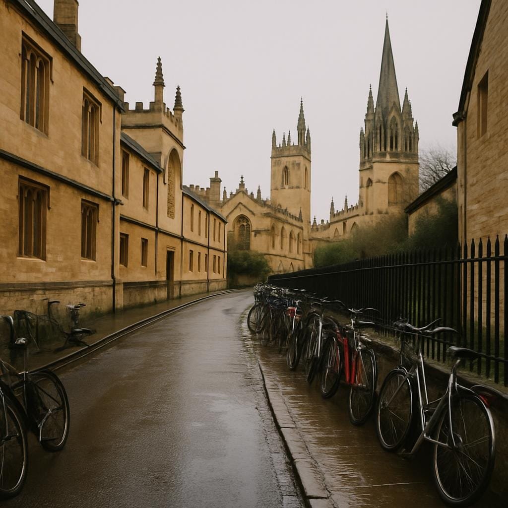 Bicycles lined up along a wet Oxford street with historic college buildings behind