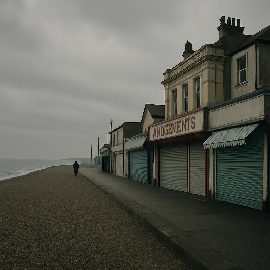 Empty seaside promenade with shuttered shops facing a grey pebble beach