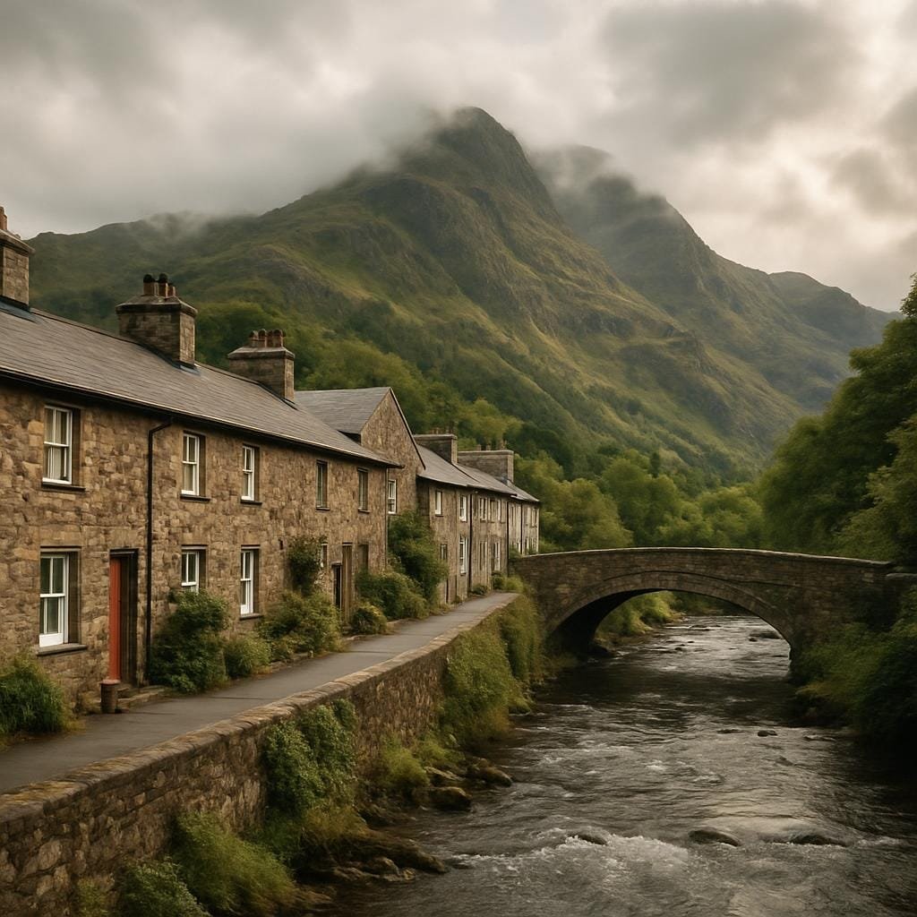 Stone cottages and a stone bridge over a river in a Welsh mountain village