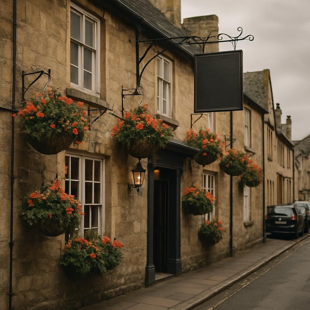 Historic English pub with hanging sign and flowers on a narrow street