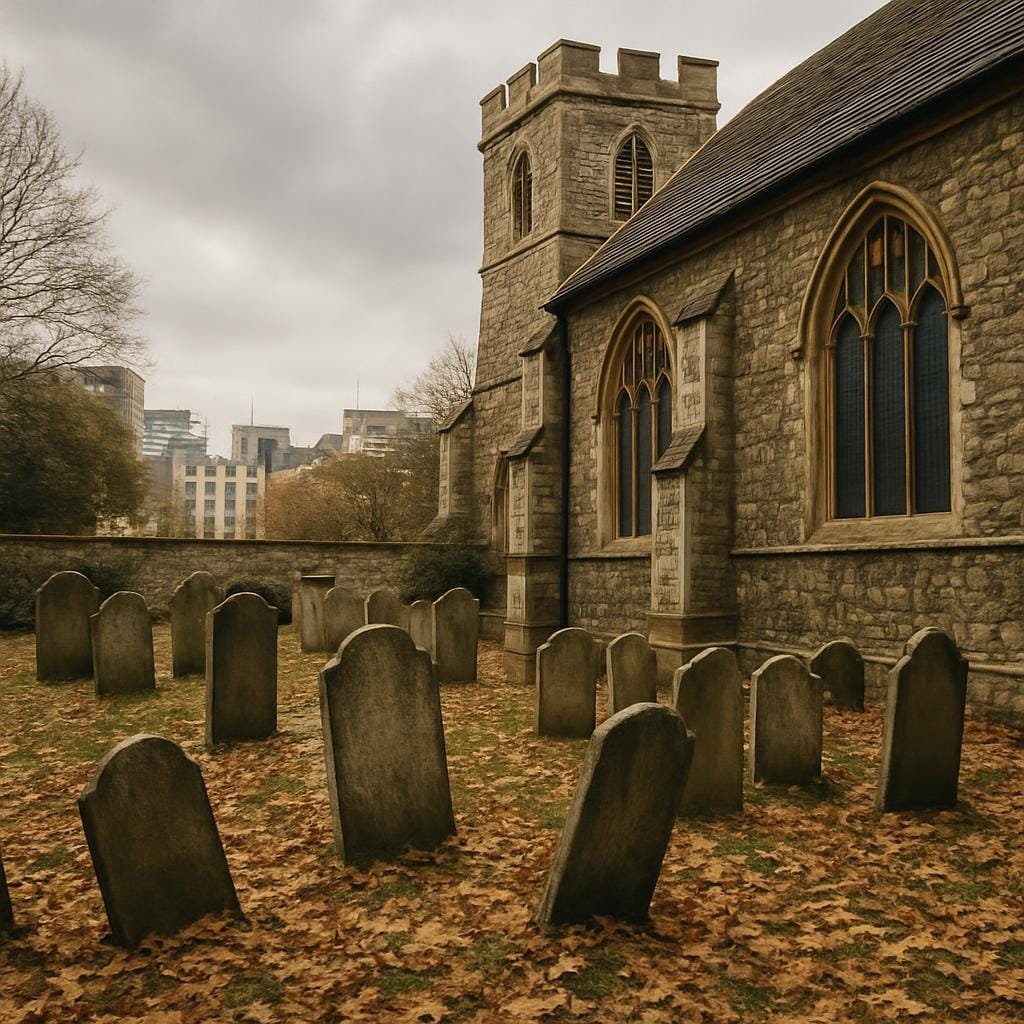 Old London churchyard with weathered gravestones and stone walls