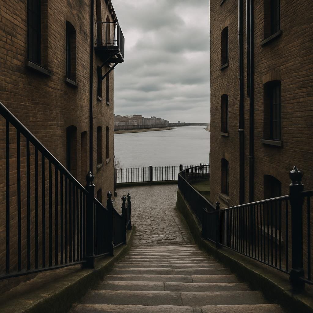 Steep steps leading to the Thames between old brick buildings in London