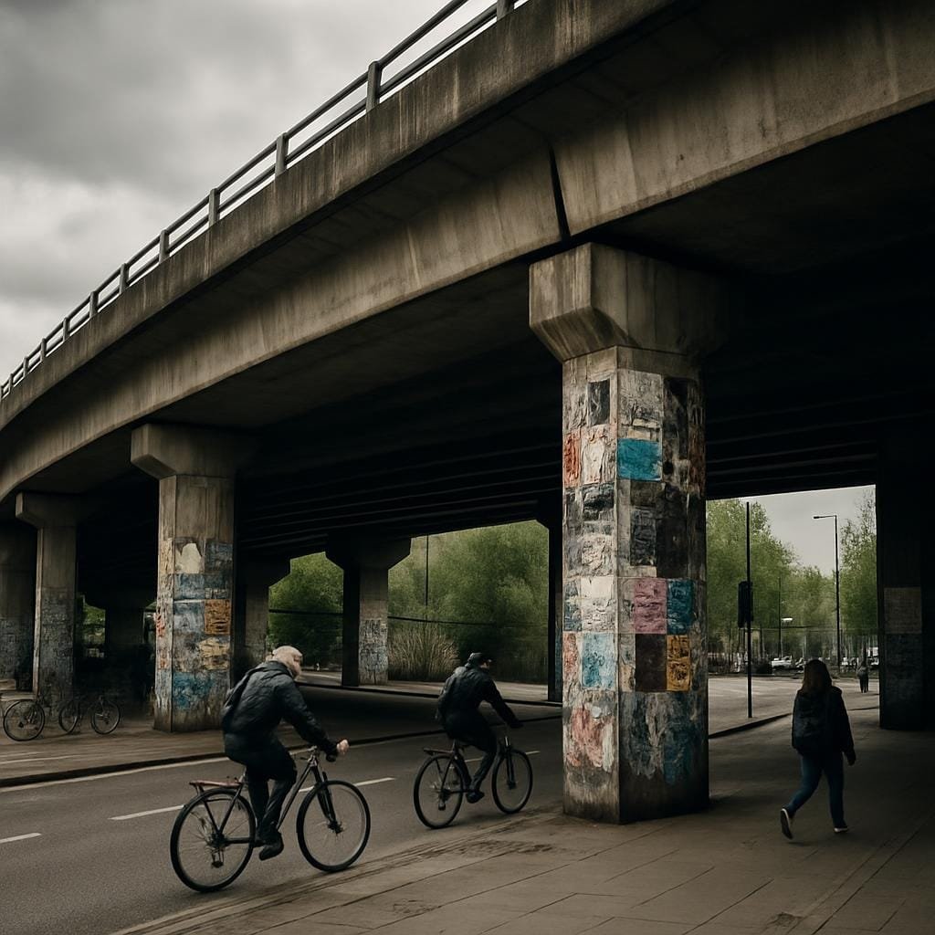 Concrete flyover in West London with graffiti-covered pillars and people passing underneath