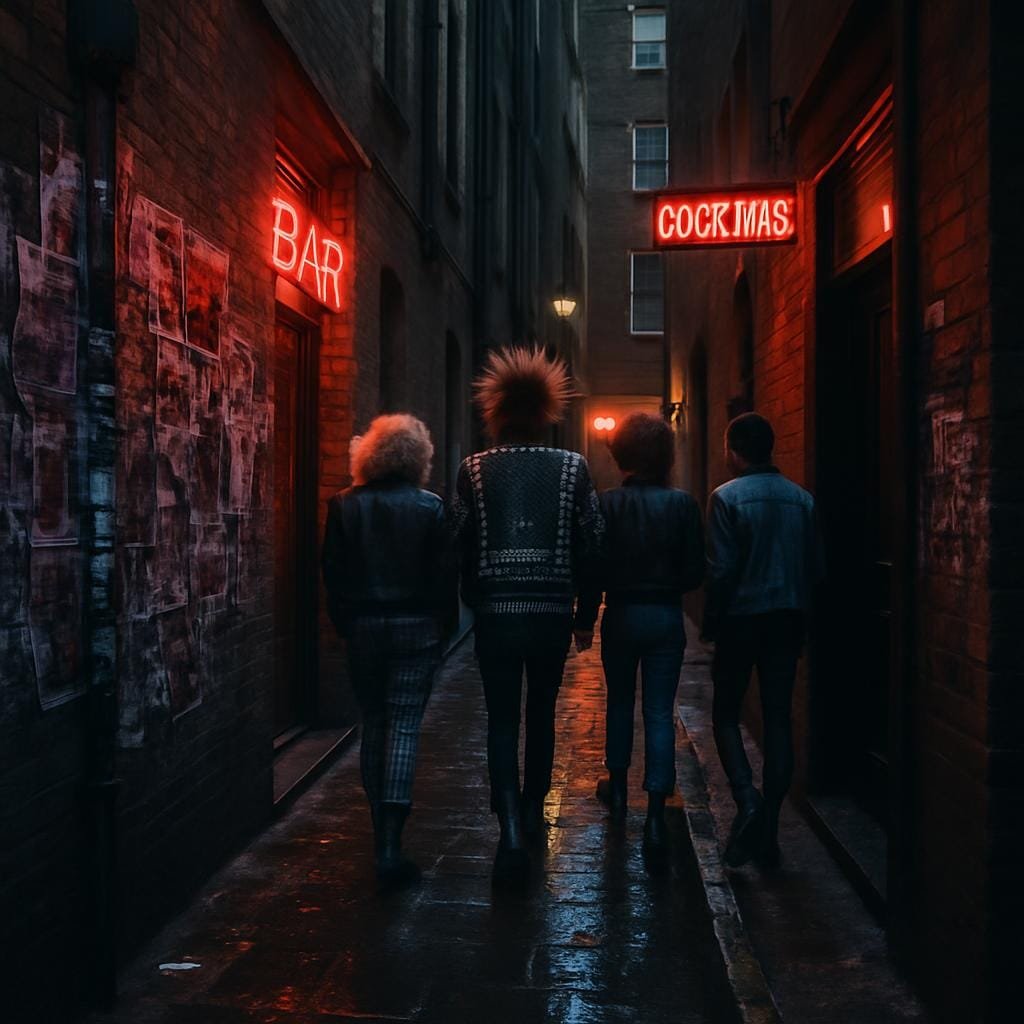 Soho alley at dusk with neon lights, wet pavement and people dressed in punk-inspired outfits
