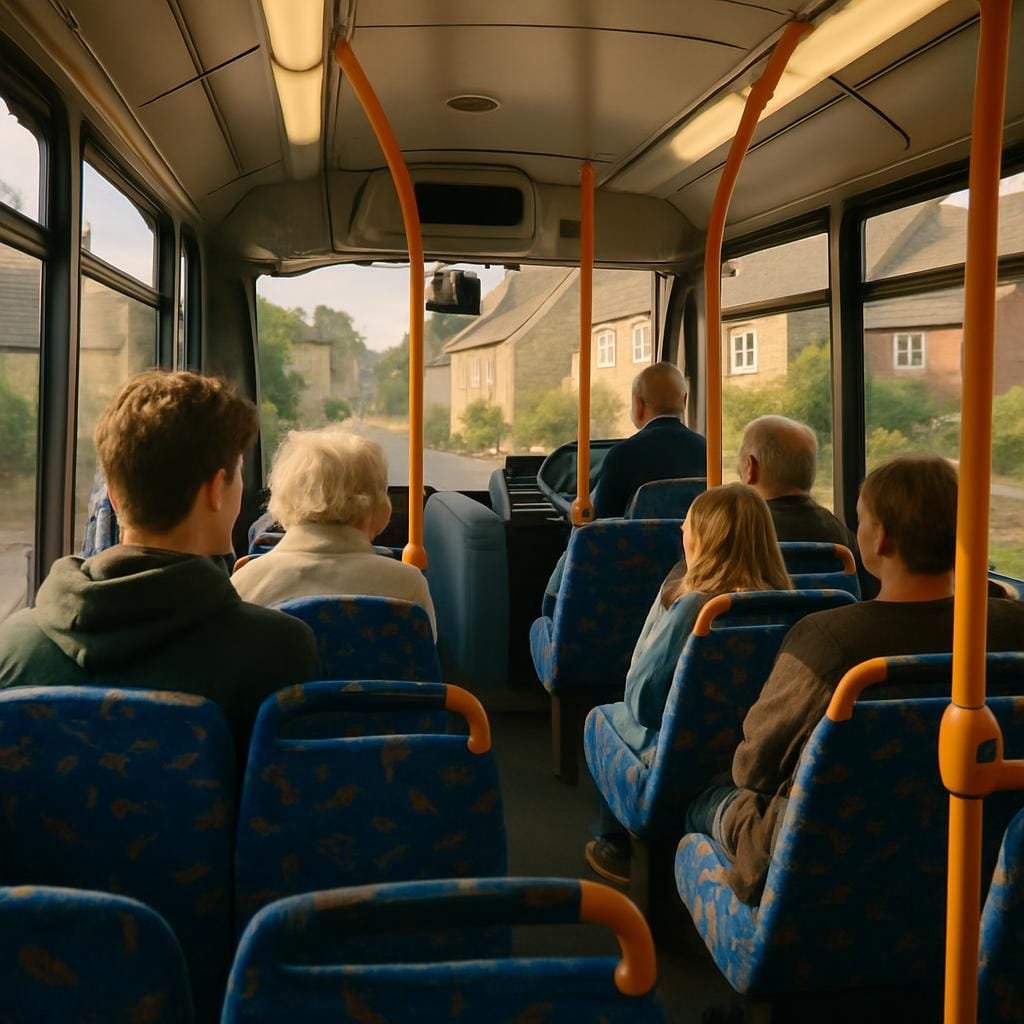 Passengers sitting inside a British local bus looking out at a village street.