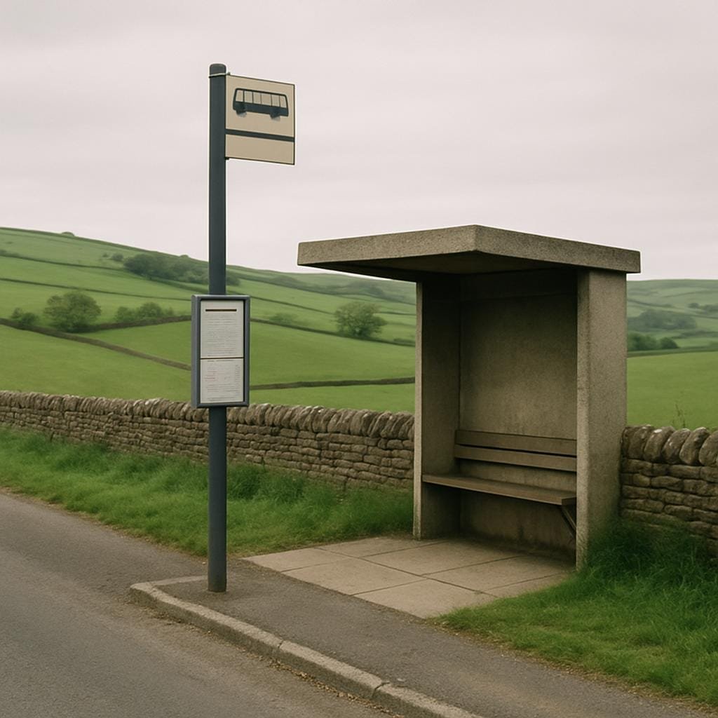 A quiet rural bus stop beside a country lane and green fields in Britain.