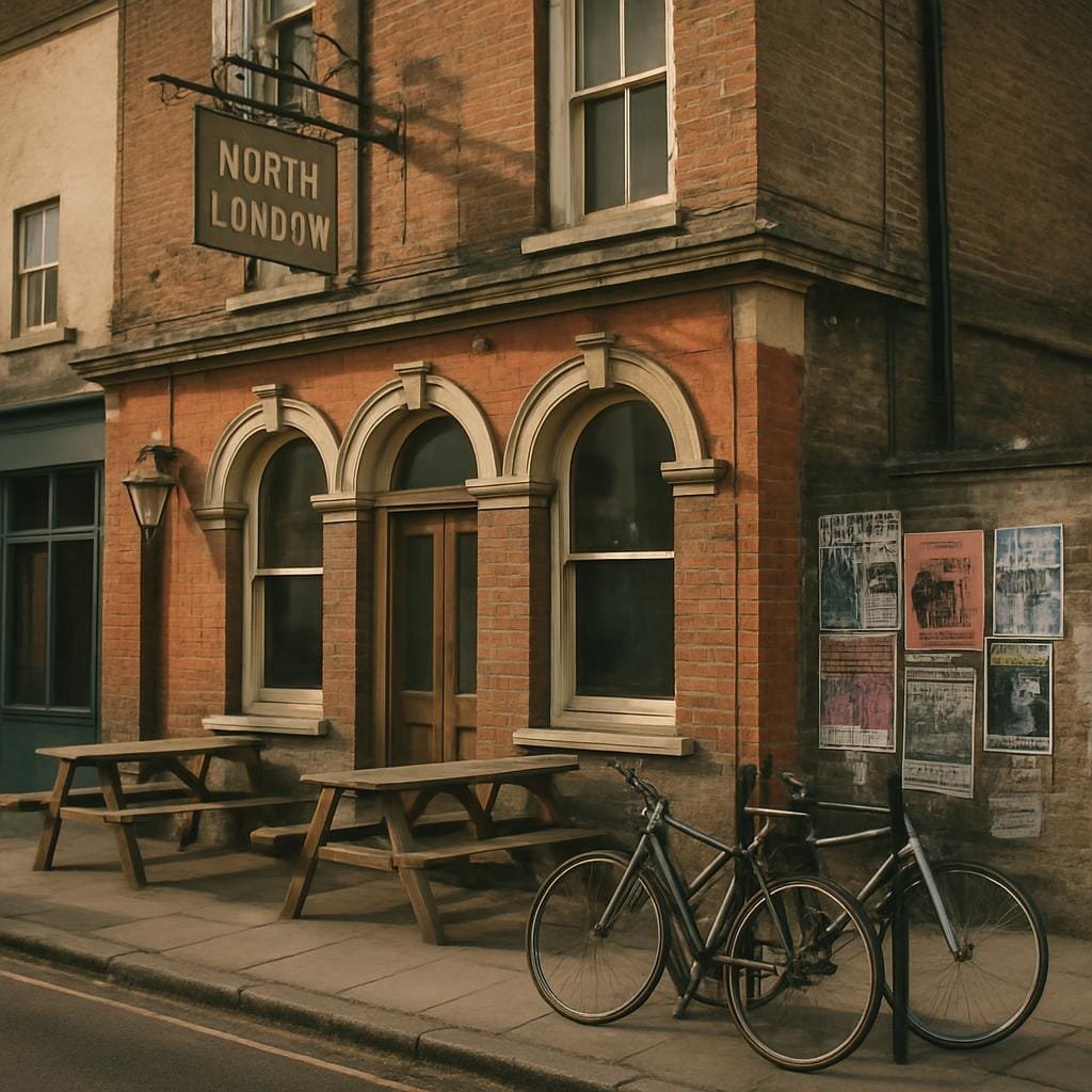North London pub with outdoor tables and bikes locked to a railing on a cloudy afternoon.