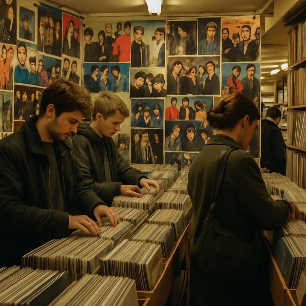 People browsing vinyl records inside a small independent London record shop.