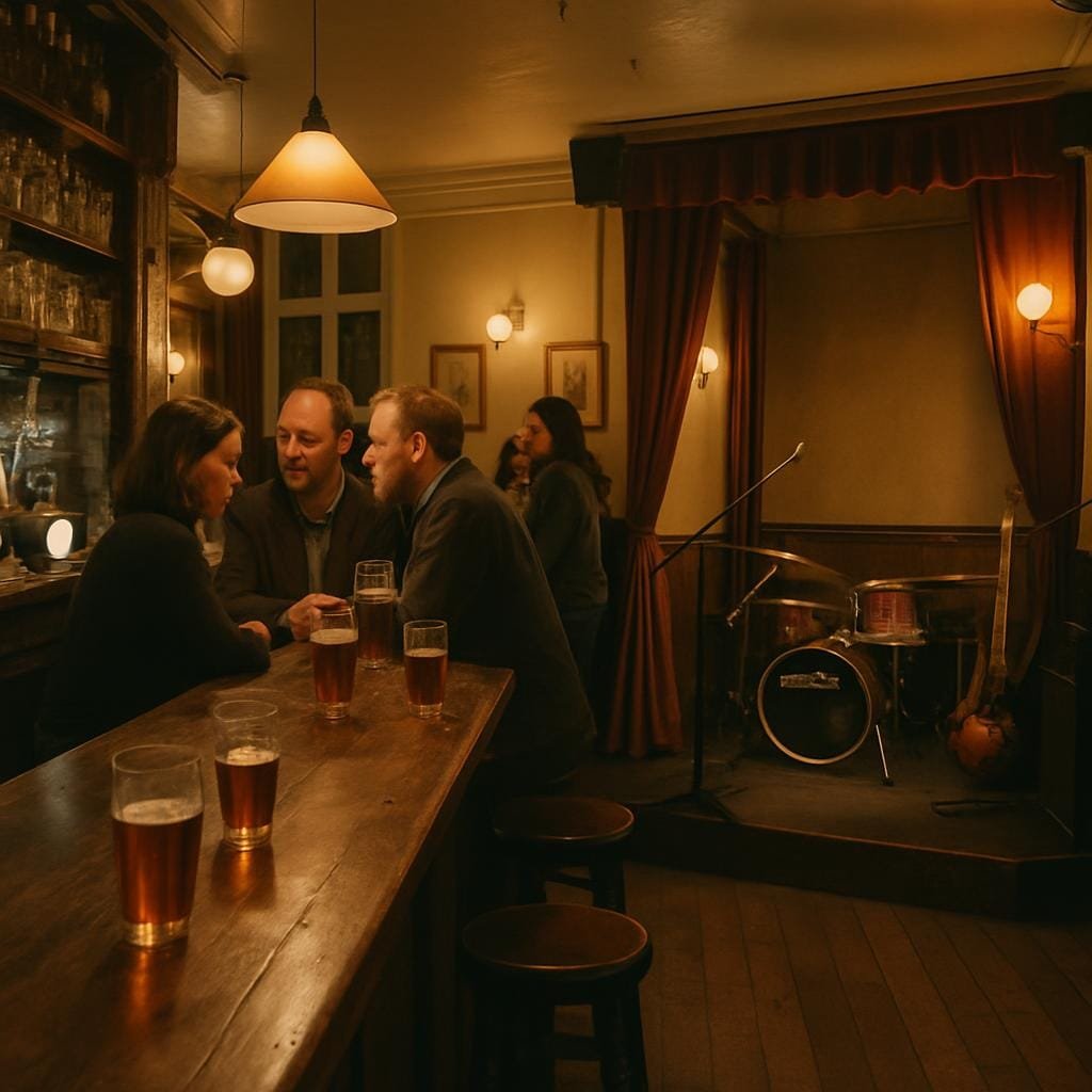 Cosy North London pub with a small corner stage and wooden bar