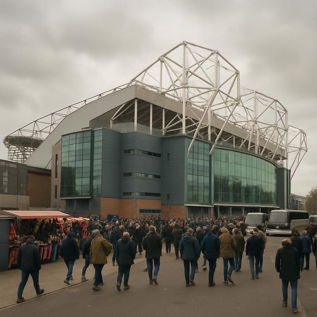Crowds gathering outside a large UK football stadium on a cloudy day