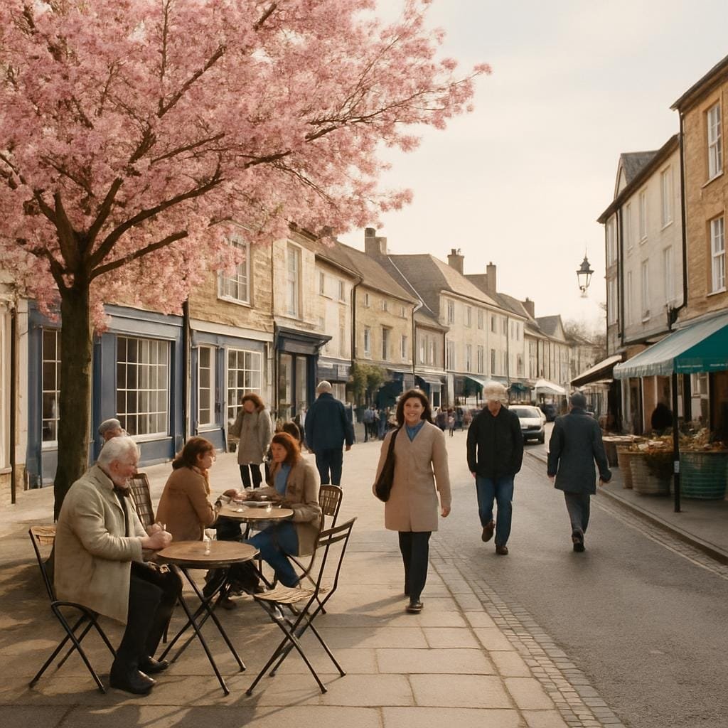 Springtime street scene in a UK market town with blossom trees and café tables