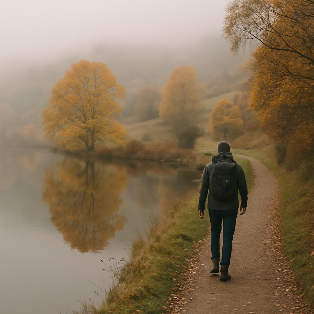 Walker on a path beside a misty UK lake surrounded by autumn trees