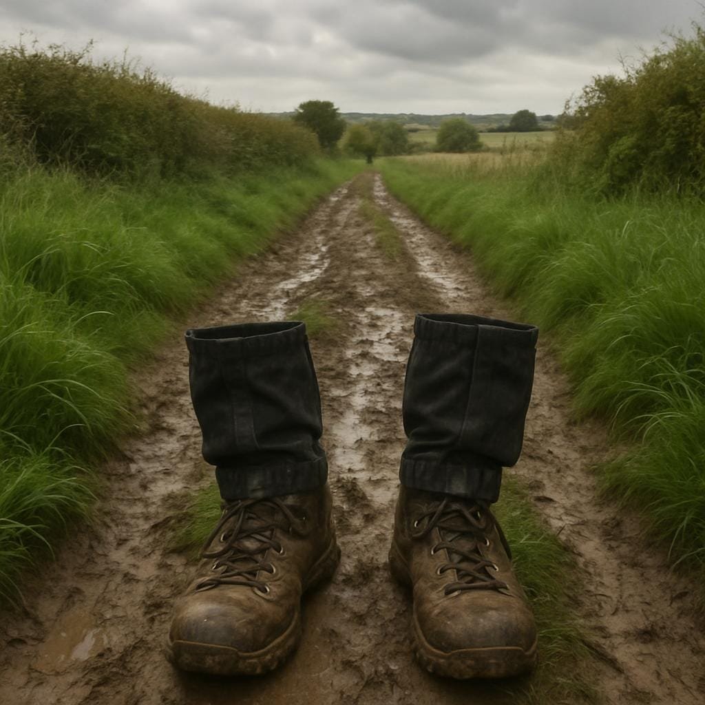 Mud-spattered hiking boots and gaiters on a damp countryside path surrounded by green grass.