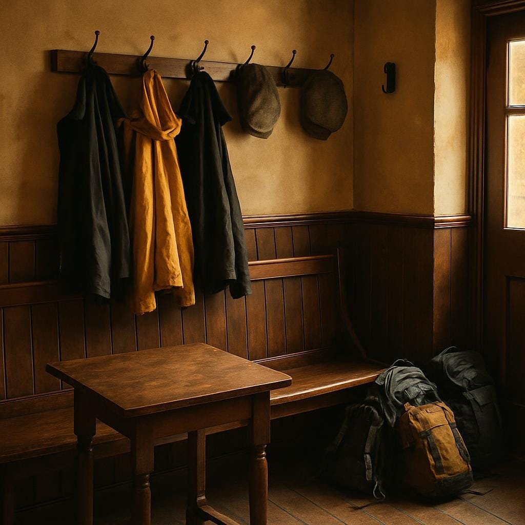 Waterproof jackets and daypacks hanging by the door of a cosy British pub.