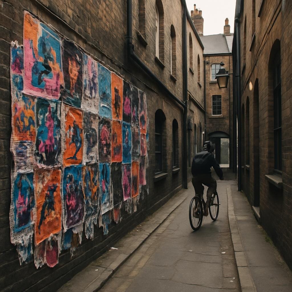 Brick alley by a UK music venue covered in weathered gig posters.
