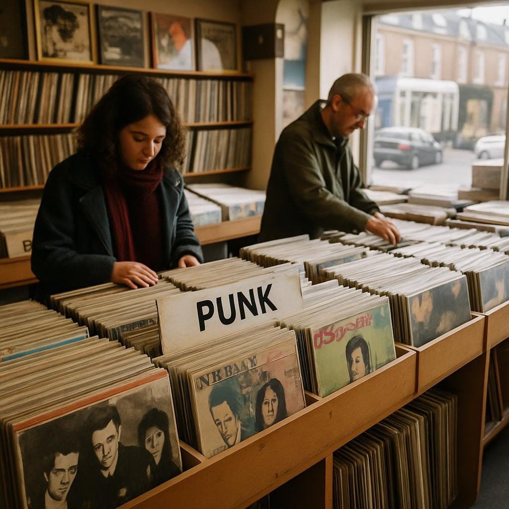 Inside a small UK record shop with customers browsing vinyl records.
