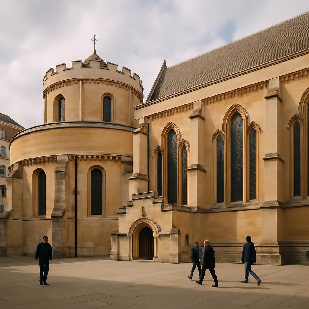 Exterior of Temple Church in London showing its round nave and stone walls