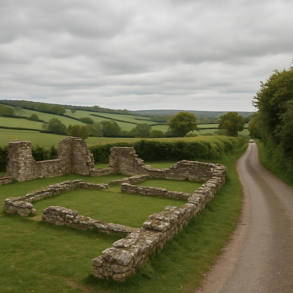 Low stone ruins of a medieval building beside a country lane and green fields