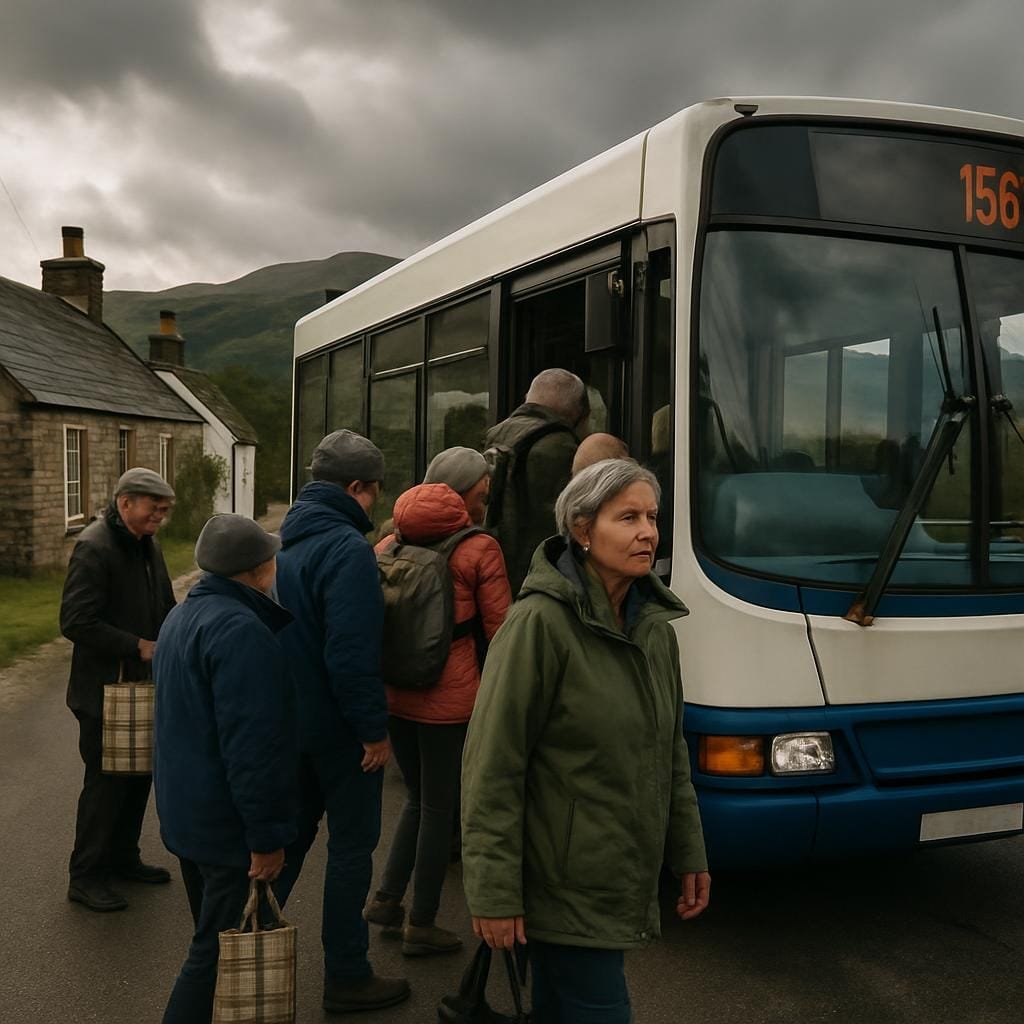 A rural bus stops beside stone cottages in a small Highland village with hills behind.