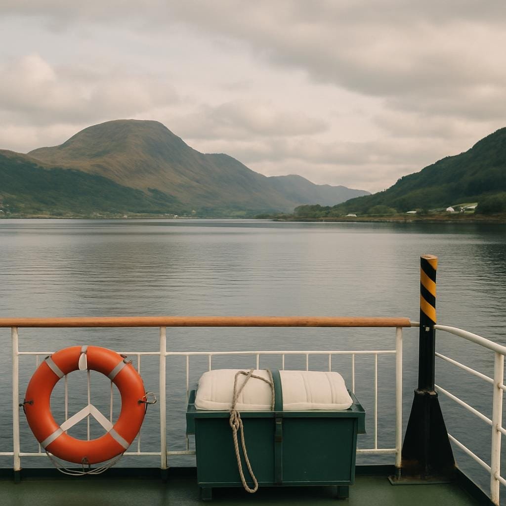 View from a ferry across a Scottish loch with mountains and scattered houses on the shore.