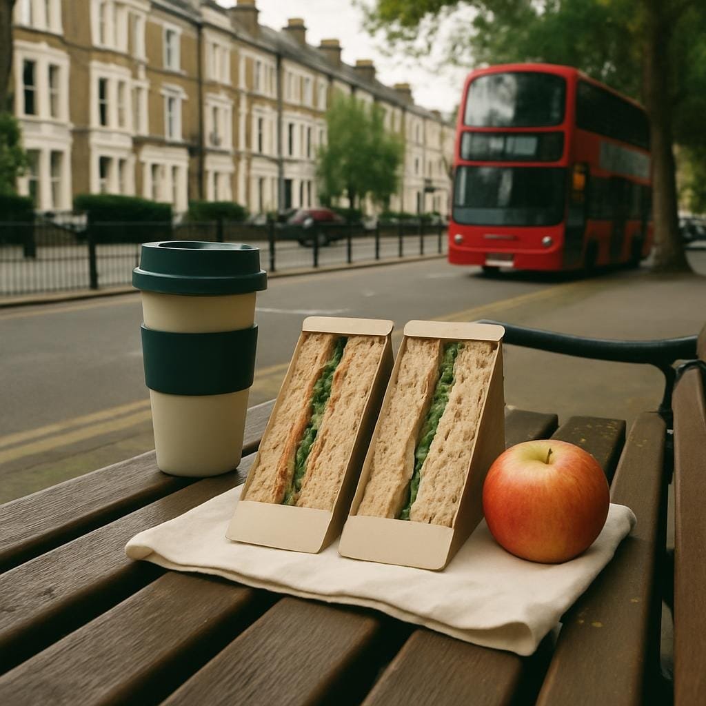 Picnic lunch on a park bench overlooking a British street with terraced houses and a passing bus