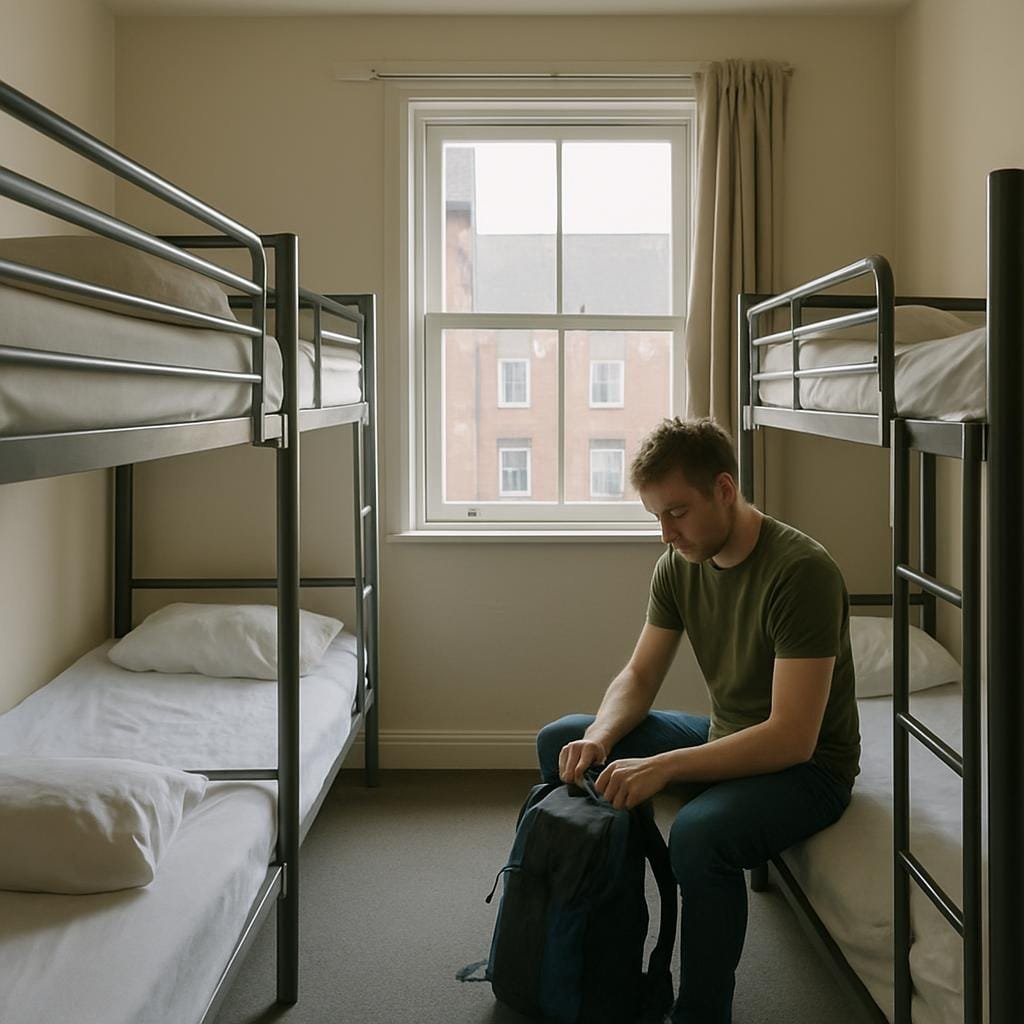 Simple hostel dorm room with bunk beds and a traveller packing a small rucksack